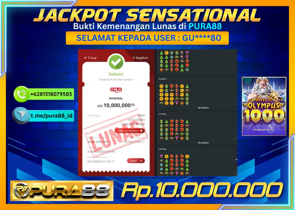 PURA88 JACKPOT GATES OF OLYMPUS 1000 Rp 10.000.000,- LUNAS